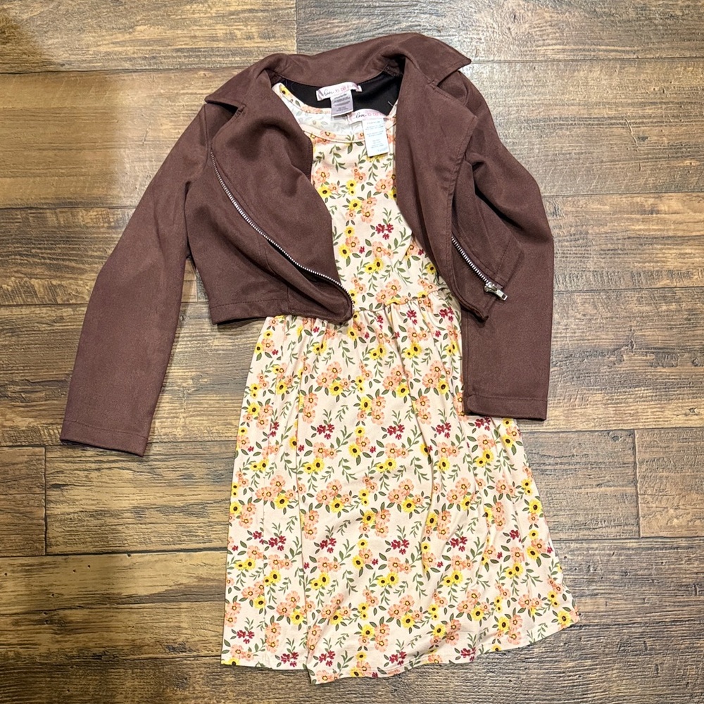 Floral Kids Dress with Brown Jacket size 7